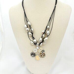 Chico's Multi-Strand Black Cord Necklace W/ Silver-Tone Beads & Abstract Pendant